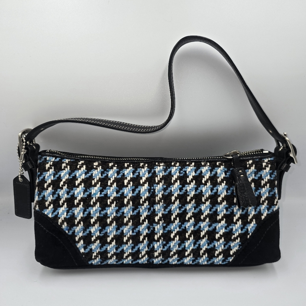 Vintage COACH F10202 Blue Black Tweed Wool & Suede Shoulder Bag Purse Bagette